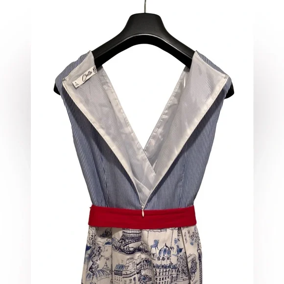 Chetta B EUC Size 6 Blue & White Paris Themed Sleeveless Retro Mini Dress (0676) - Picture 10 of 13